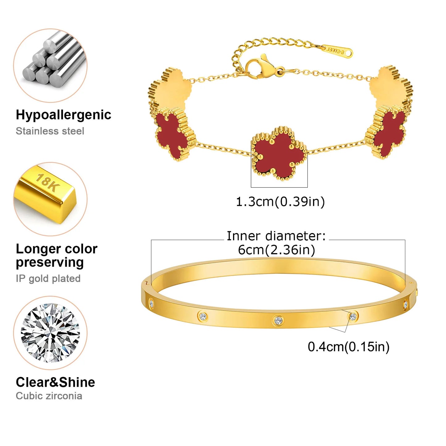 Vnox Exquisite 13mm Clover Bracelet Set for Women, Love Gift Bracelets for Wife Mothers Day Jewelry, Stainless Steel Cuff Bangle Badiee Stylez