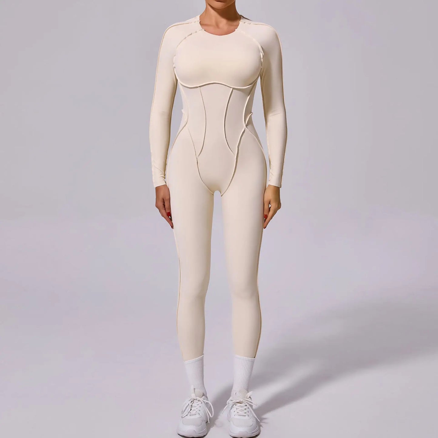 New Autumn/Winter Women's One-piece Yoga Jumpsuit leggings Long-sleeved Sexy Backless Slim Fit Sports Outfit Beige