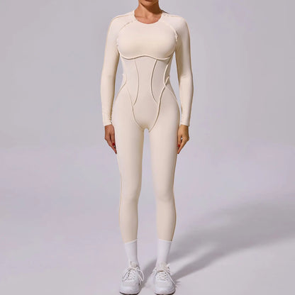 New Autumn/Winter Women's One-piece Yoga Jumpsuit leggings Long-sleeved Sexy Backless Slim Fit Sports Outfit Beige