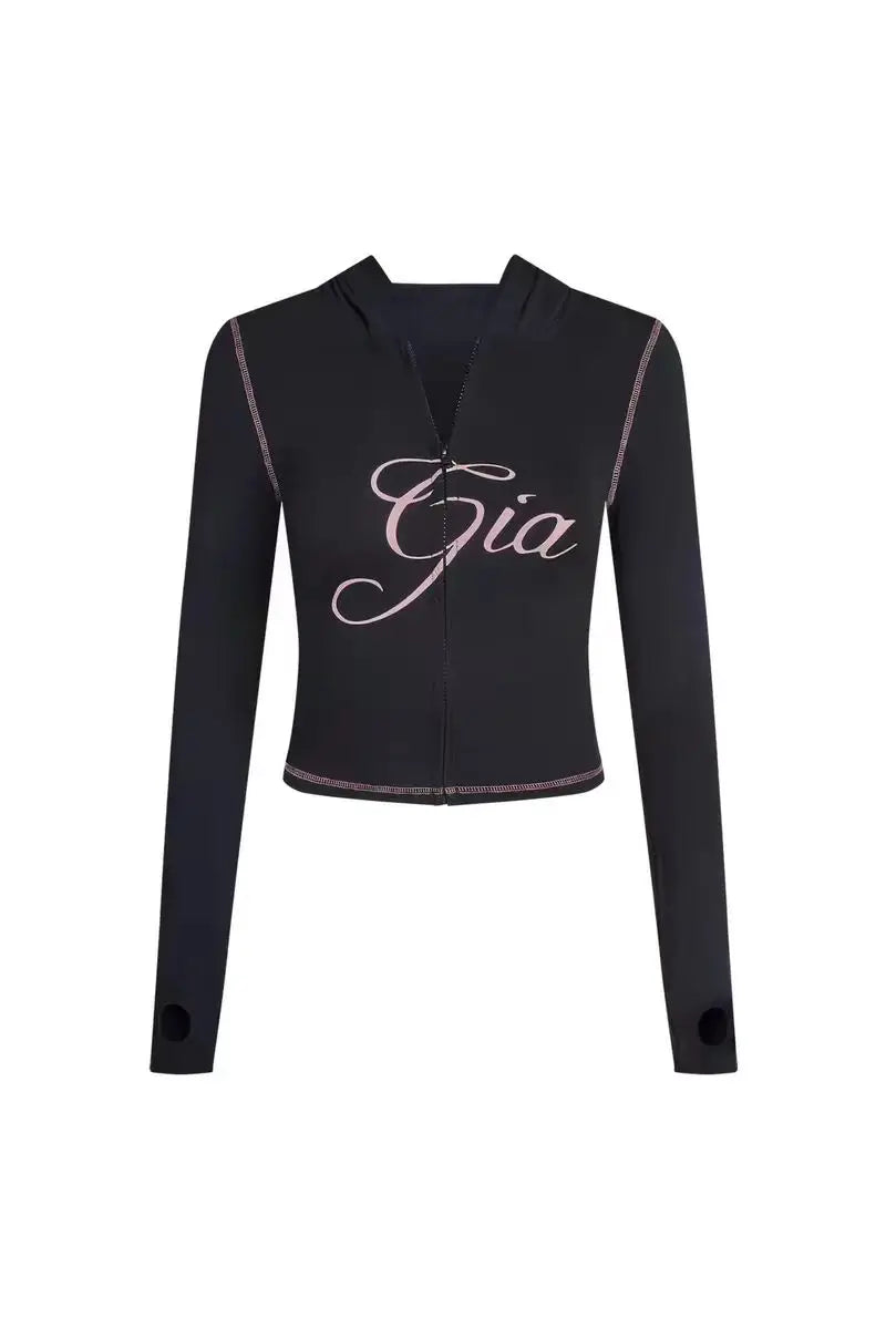 25 Summer New Shoulder Letter Printed Bright Thread Design Slimming Hooded Zipper Short Coat Shorts Set for Women black top