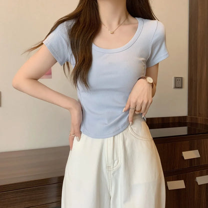 Y2K T-shirt Women V-neck Irregular Short Sleeve Crop Top New Korean Fashion Slim High Waist Solid Tee Shirt Woman Sexy Clothes