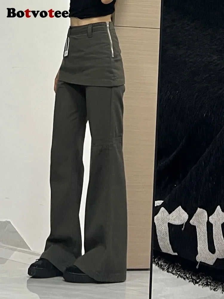 Botvotee Fake Two-Piece Plus size Wide Leg Jeans for Women 2025 New Y2k Fashion Streetwear High Waisted Flare Denim Pants