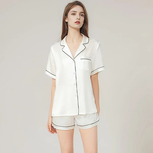 100% Real Mulberry Silk Womens Pajamas Set Sleepwear Pjs Button Down Short Sleeve Shirt Top and Shorts Loungewear 2 Piece M-4XL White CHINA