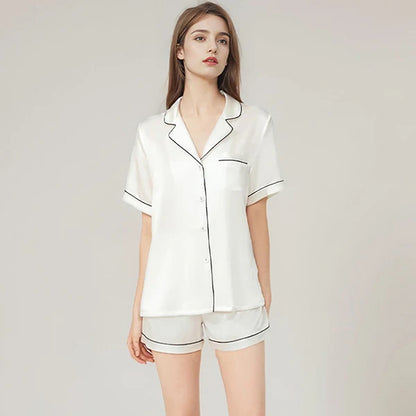 100% Real Mulberry Silk Womens Pajamas Set Sleepwear Pjs Button Down Short Sleeve Shirt Top and Shorts Loungewear 2 Piece M-4XL White CHINA