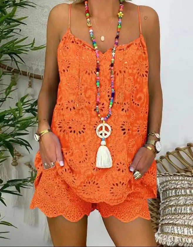 Women's Cotton Linen Sleeveless 2-Piece Set Hollow Embroidery Ruffled Camisole Tassel Vest Drawstring Shorts Printed Casual Set Orange red