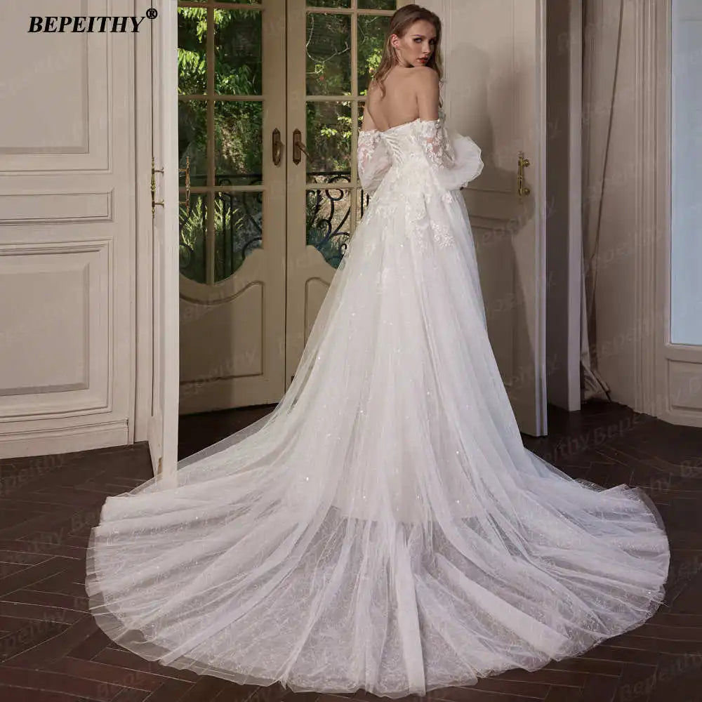 BEPEITHY Customized Strapless A Line Off Shoulder Long Sleeves Bride Ivory Wedding Dresses Glitter Court Train Bridal Gown 2025 Badiee Stylez