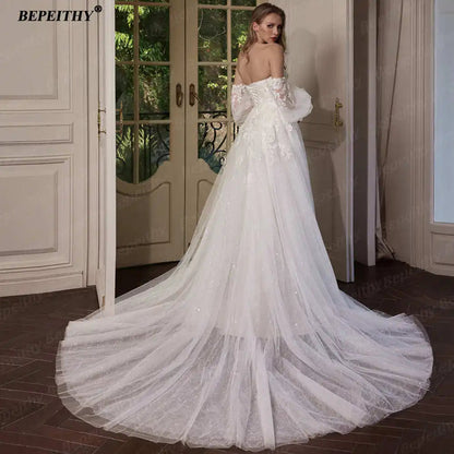 BEPEITHY Customized Strapless A Line Off Shoulder Long Sleeves Bride Ivory Wedding Dresses Glitter Court Train Bridal Gown 2025 Badiee Stylez