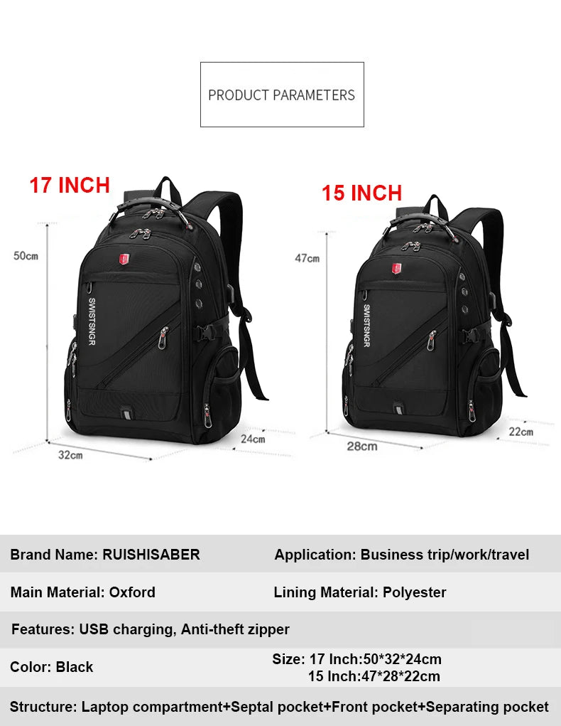 Waterproof 15.6/17.3 Inch Laptop Backpack Men USB Charging Swiss Backpack Travel Women Rucksack Male Vintage School Bag Mochila