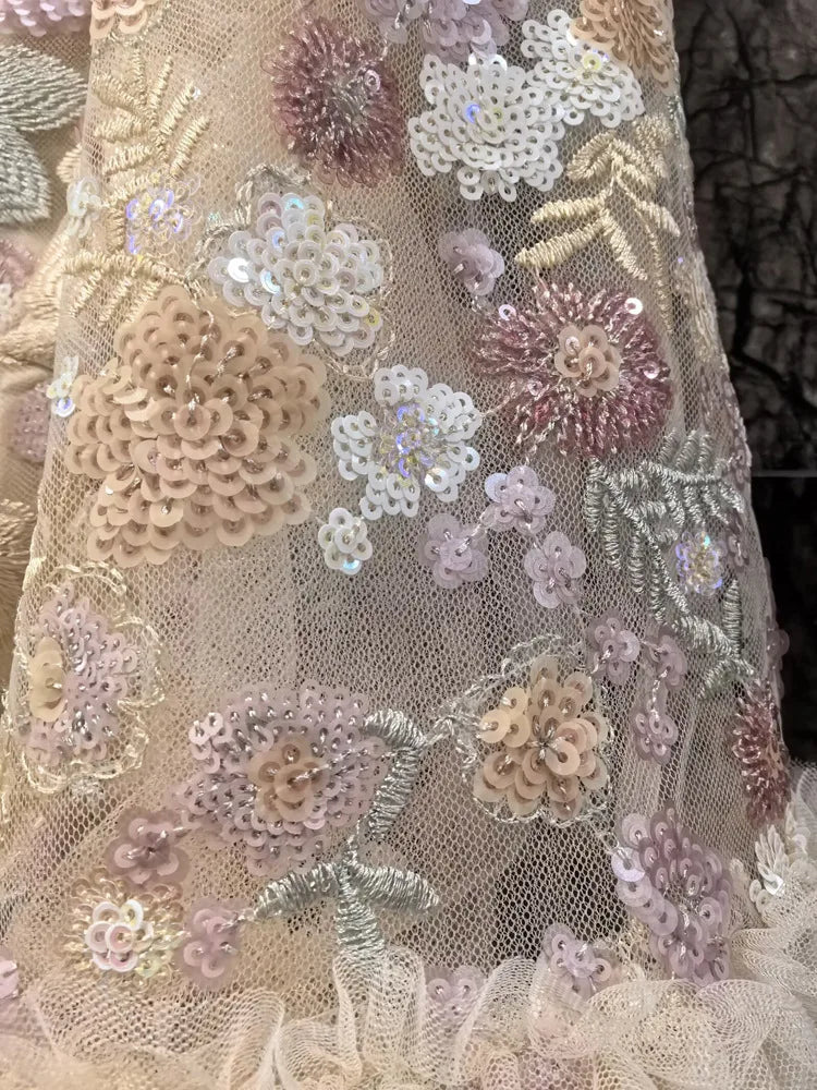 IEQJ Fashion Pink Embroidered Sequins Dress Women's Round Neck Ruffles Half Sleeves Ankle-length Dresses New 3A132 Badiee Stylez