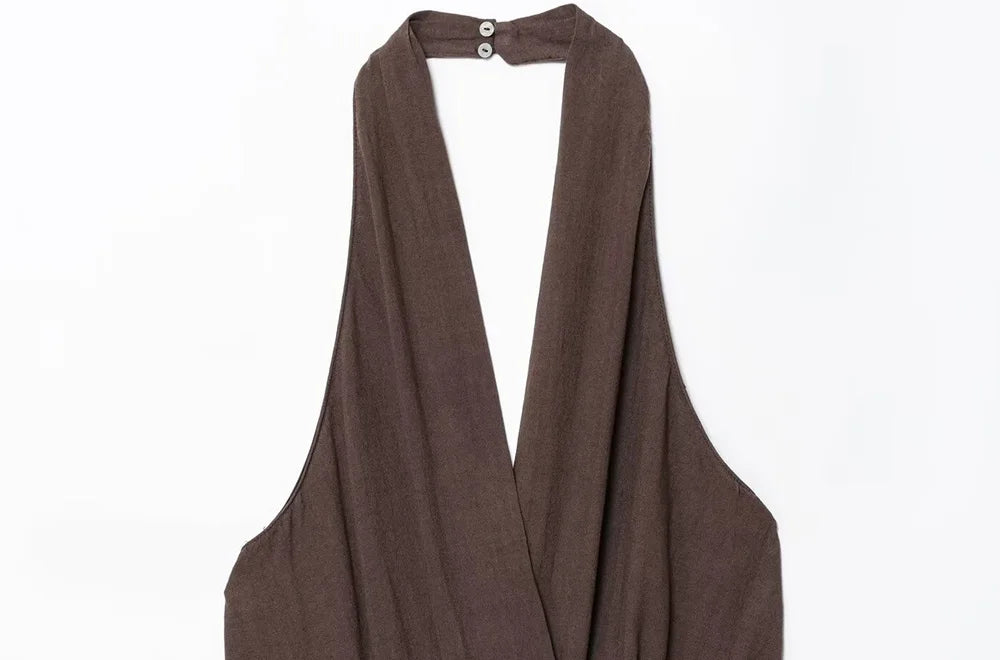 TRZA Women's Fashion Halter Neck Jumpsuit Backless Side Zipper Playsuit Buckle Detail Female Clothing