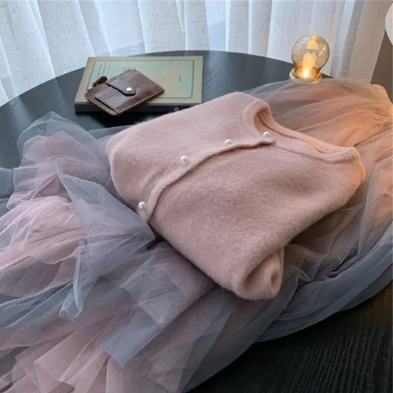 Solid Cardigan Sweater Fall Women Clothing Korean Fashion O-neck Long Sleeve Top Single Breasted Sweet Knitted Mujer Outerwear Pink