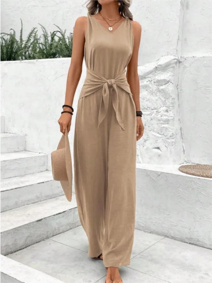 Fashion Solid Jumpsuit For Women Casual Sleeveless V Neck Lace-Up Wide Leg Pants Jumpsuits Lady Summer Holiday Womens Clothing