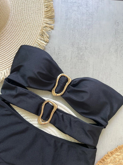 3 Colors Sexy Metal Rings Cut Out Women Swimwear One Piece Swimsuit Female Bandeau High Leg Cut Bather Bathing Suit Swim B022D