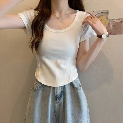 Y2K T-shirt Women V-neck Irregular Short Sleeve Crop Top New Korean Fashion Slim High Waist Solid Tee Shirt Woman Sexy Clothes