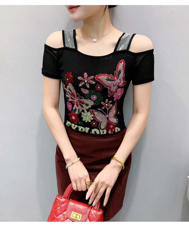 New Arrival Summer European Clothes Women's T-Shirts Chic Luxury Butterfly Hot Diamonds Tees Sexy Girl Slim Streetwear Tops
