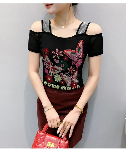 New Arrival Summer European Clothes Women's T-Shirts Chic Luxury Butterfly Hot Diamonds Tees Sexy Girl Slim Streetwear Tops