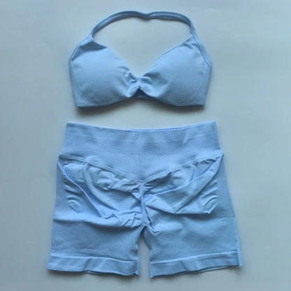 NO LOGO 2PCS Gym Set Women Strappy Yoga Bra Top High Waist Workout Scrunch Shorts Sports Suit Seamless Yoga Set Fitness Clothes Badiee Stylez