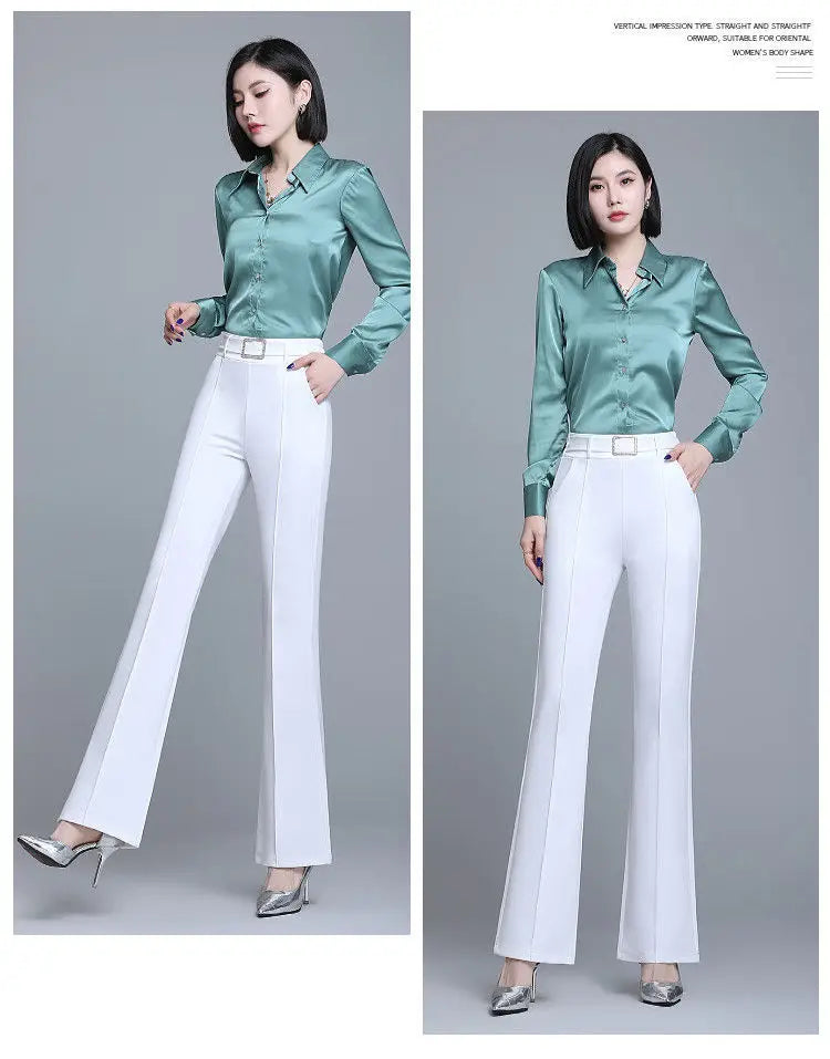 Office Lady Elegant Fashion Flare Pants Spring Autumn Diamonds High Waist All-match Solid Women Casual Straight Trousers 2022 Badiee Stylez