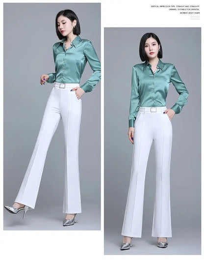 Office Lady Elegant Fashion Flare Pants Spring Autumn Diamonds High Waist All-match Solid Women Casual Straight Trousers 2022 Badiee Stylez