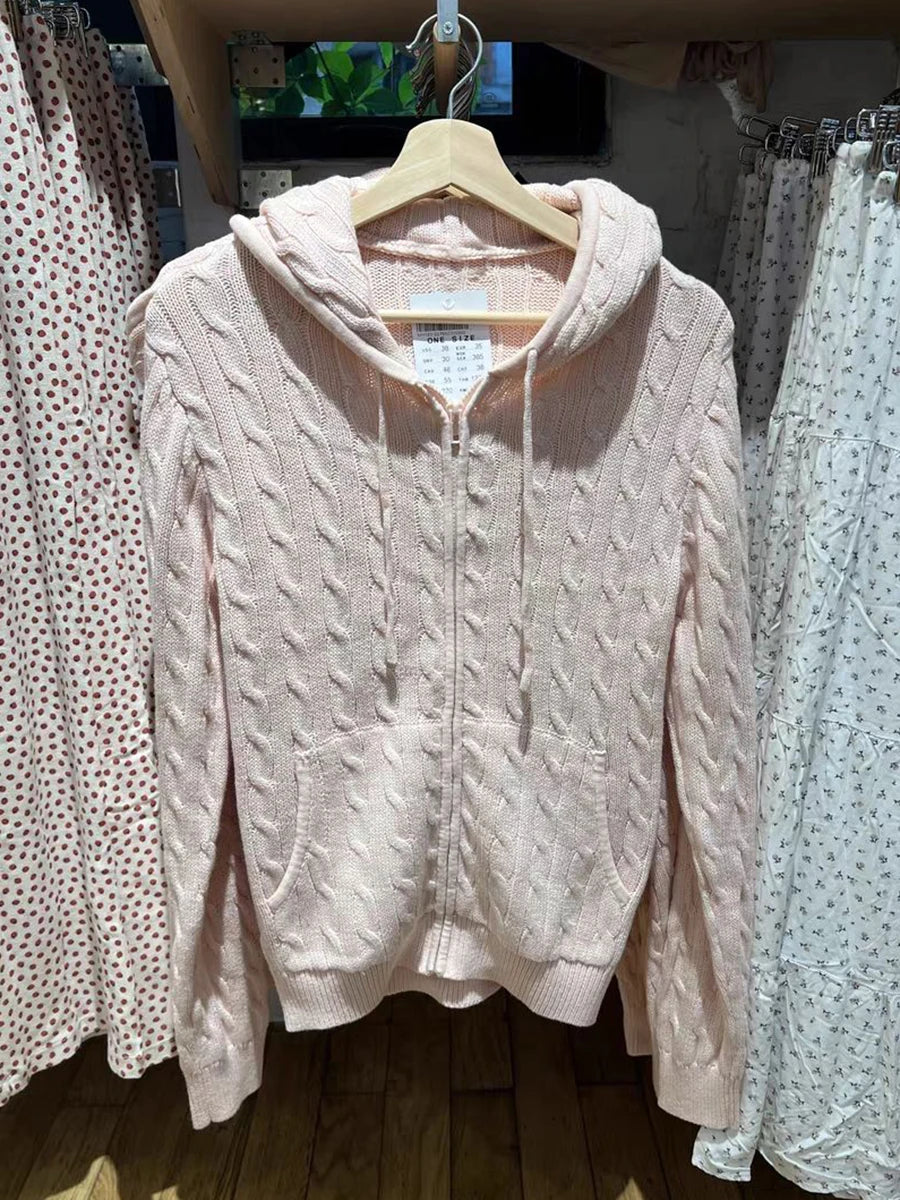 Twisted Flower Knitted Cardigan Sweater Women Autumn Long Sleeve Drawstring Hooded Zipper Streetwear Sweet Sweaters Coat Y2K Top