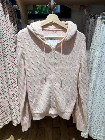 Twisted Flower Knitted Cardigan Sweater Women Autumn Long Sleeve Drawstring Hooded Zipper Streetwear Sweet Sweaters Coat Y2K Top