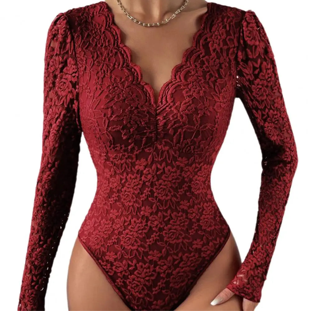 Slim Fit Bodysuit Elegant Lace Embroidered Bodysuit Deep V Neck Long Sleeve Playsuit Women's Slim Fit Spring Romper Lace Wine Red China