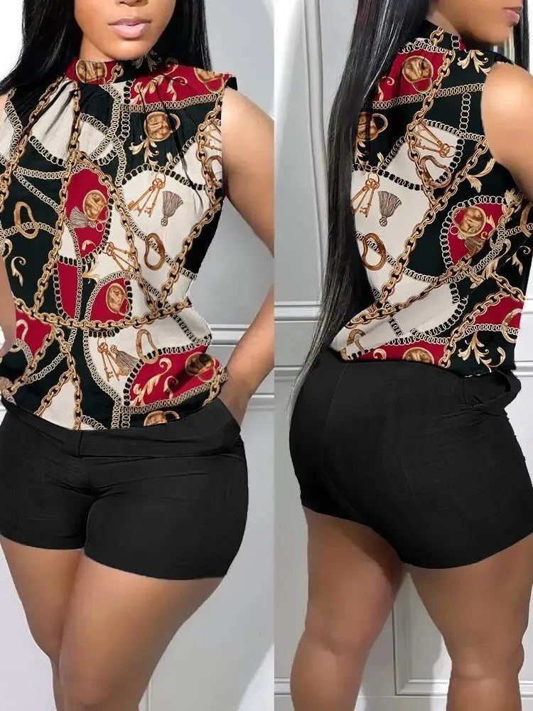 Summer New Street Trendy Women's Polyester Sexy Sleeveless Fashion Print Casual Round Neck 3/4 Shorts Sleeveless Comfortable Set