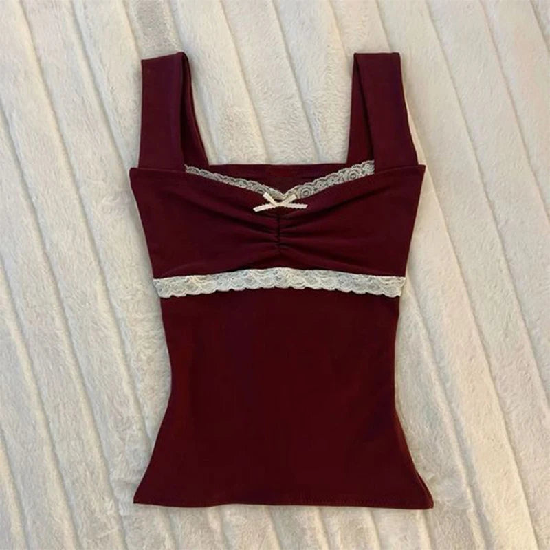Y2K Womens Daily Clothing Summer Female Soft 2000s Vintage Harajuku Thin Artsy Skinny Minimalist Personality Bow Classic T-shirt Red