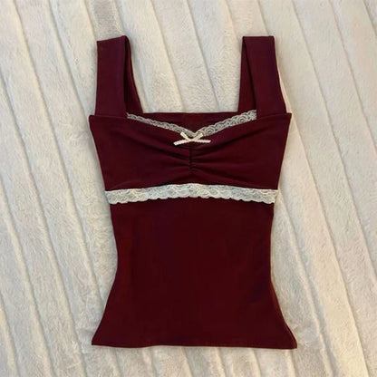 Y2K Womens Daily Clothing Summer Female Soft 2000s Vintage Harajuku Thin Artsy Skinny Minimalist Personality Bow Classic T-shirt Red