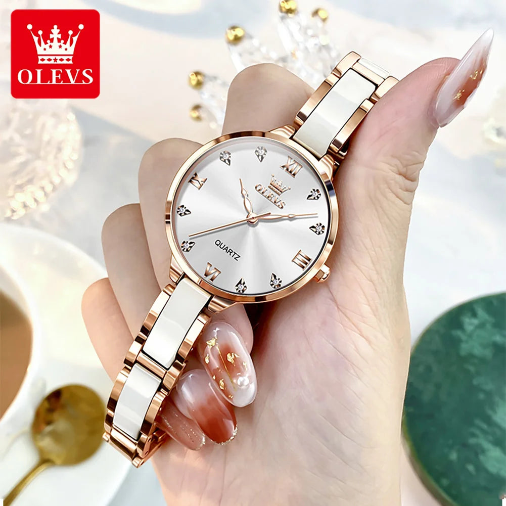 OLEVS 5872 Women Watch Elegant Luxury Original Quartz Watch Waterproof Luminous Ceramic Strap Watches For Women Bracelet Set Rose White CHINA Yes