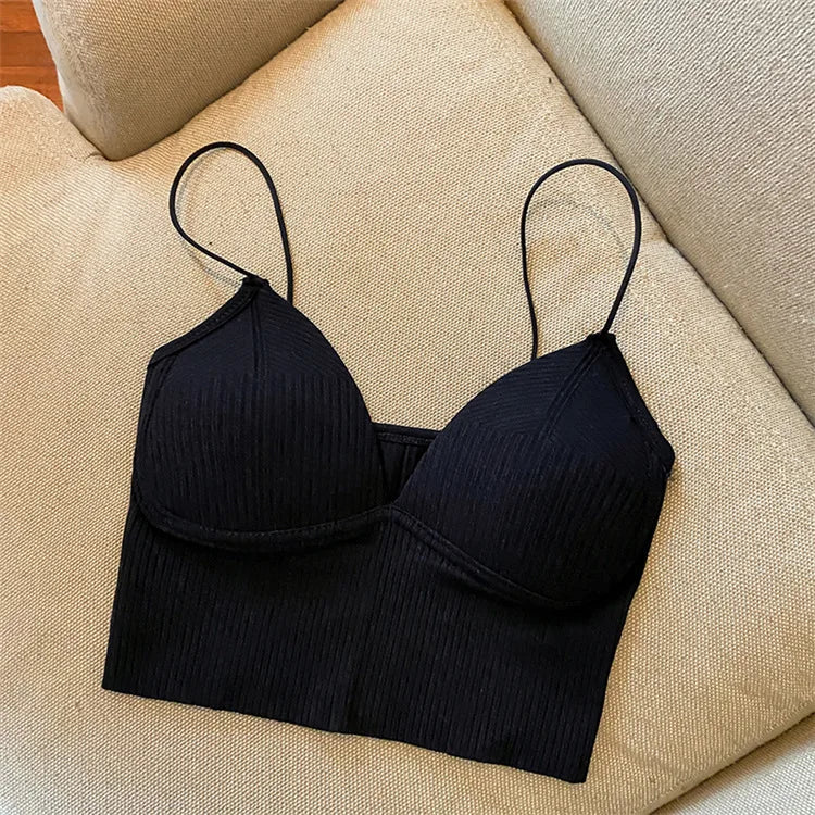 V-Neck Camisole Women Sexy Stretch Push Up Bra with Chest Pads Knitted Crop Top for Female Short Tube Top Tops Bralette Y2k Style1 Black One Size