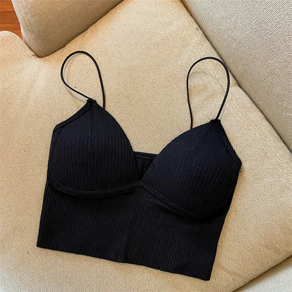 V-Neck Camisole Women Sexy Stretch Push Up Bra with Chest Pads Knitted Crop Top for Female Short Tube Top Tops Bralette Y2k Style1 Black One Size