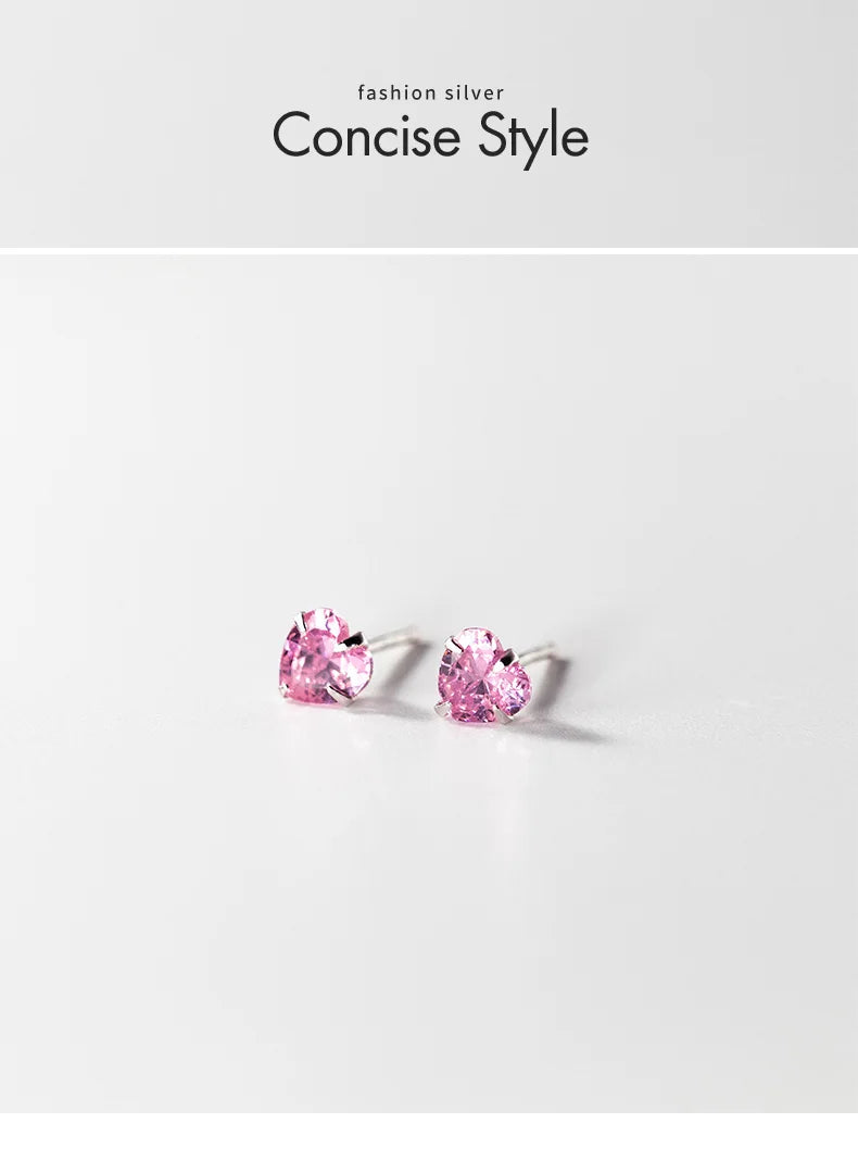 TrustDavis Real 925 Sterling Silver Earrings Cute Pink Heart Charm Shiny CZ Stud Earrings for Women Kids Teen Jewelry DS3731