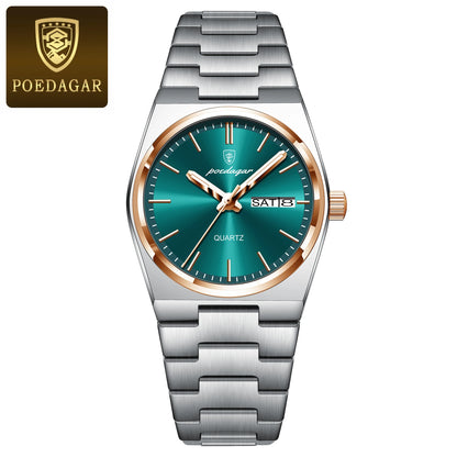 POEDAGAR Original New Woman Watch Stainless Steel Waterproof Luminous Ladies Wristwatch Date Week Elegant Quartz Women's Watches 786 Rose Gold Green