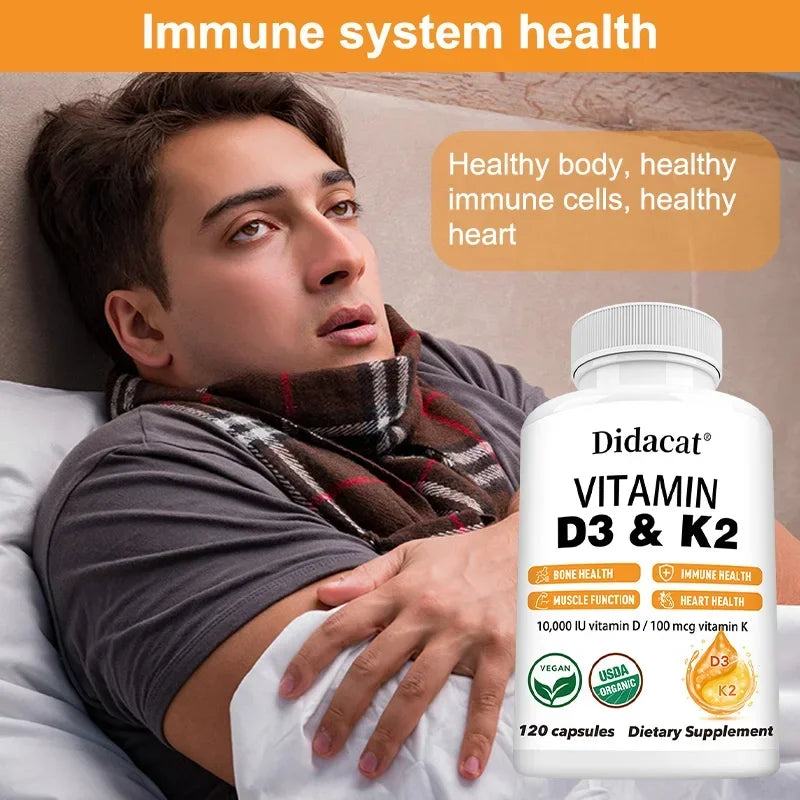 Vitamin D3 10000 IU + K2 MK7 100 Mcg Supplement Capsules, Supports Joint and Immune Health, Strong Bones, Non-GMO