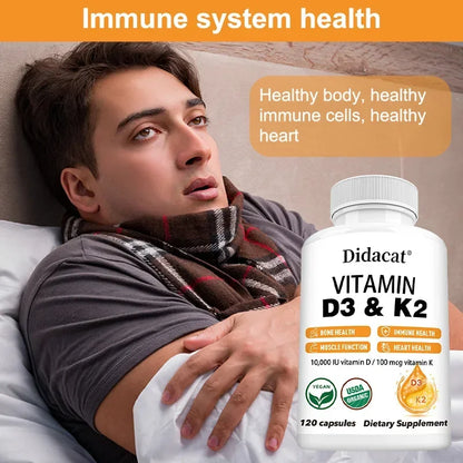 Vitamin D3 10000 IU + K2 MK7 100 Mcg Supplement Capsules, Supports Joint and Immune Health, Strong Bones, Non-GMO