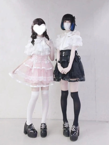 Japanese Kawaii Lolita Lace Patchwork Blouses Summer Women Harajuku Single Breasted Sweet Shirts Summer Girly JK Bow Tops Blusas Badiee Stylez