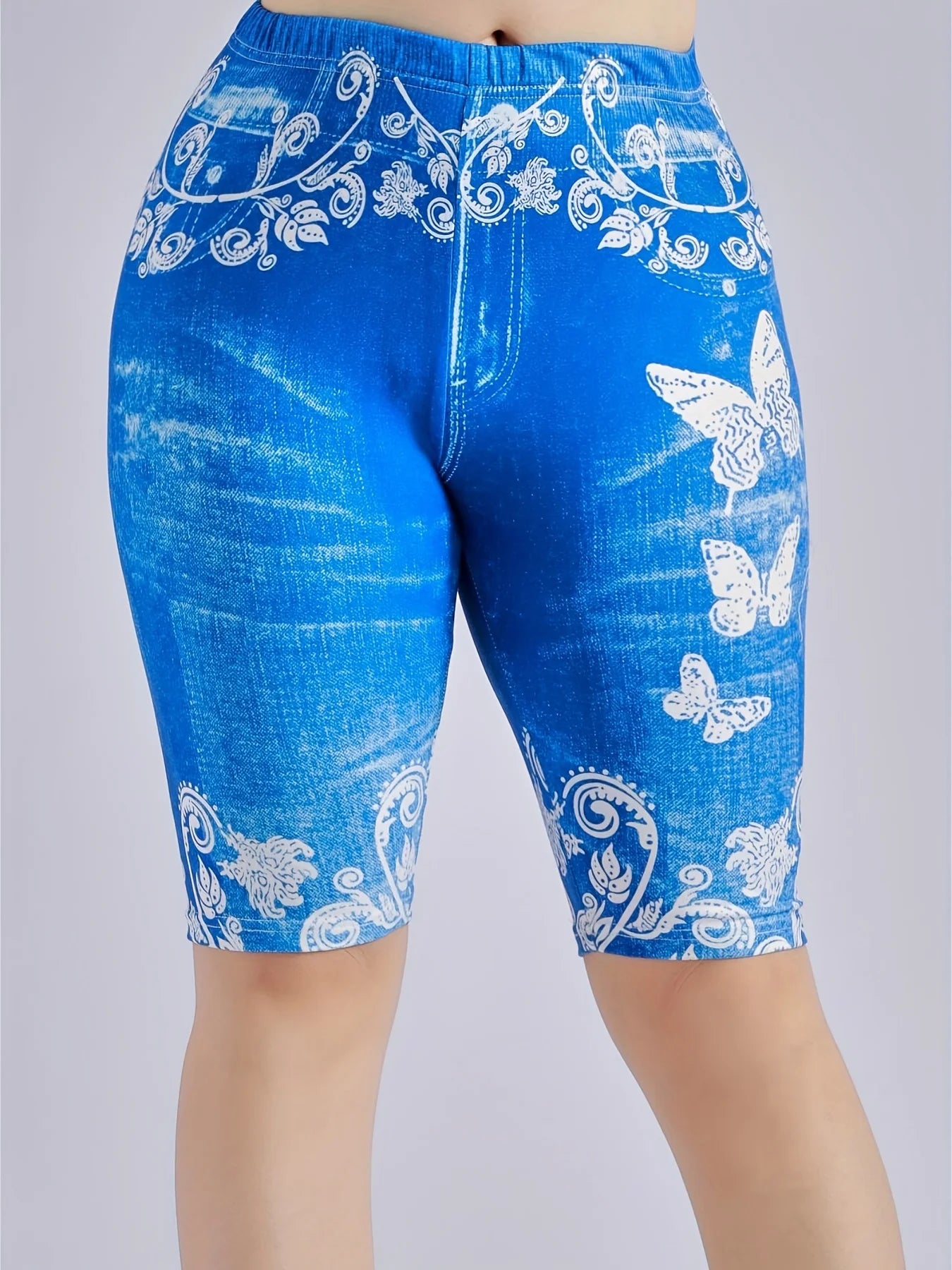 3 Piece Set Of Lmitation Denim Leggings For Women Butterfly Waist Fruit Flower Elastic Shorts High Waist Casual