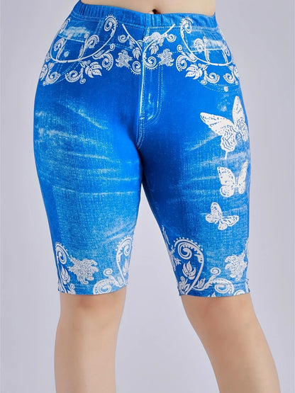 3 Piece Set Of Lmitation Denim Leggings For Women Butterfly Waist Fruit Flower Elastic Shorts High Waist Casual