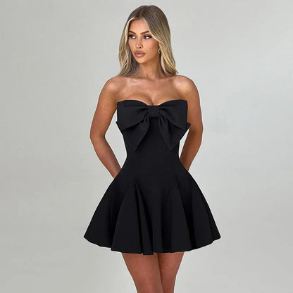 Sexy Strapless Bow Short White Dress Womens Off Shoulder A-line Luxury Black Mini Dresses Elegant Backless Gowns Birthday 2025 Black