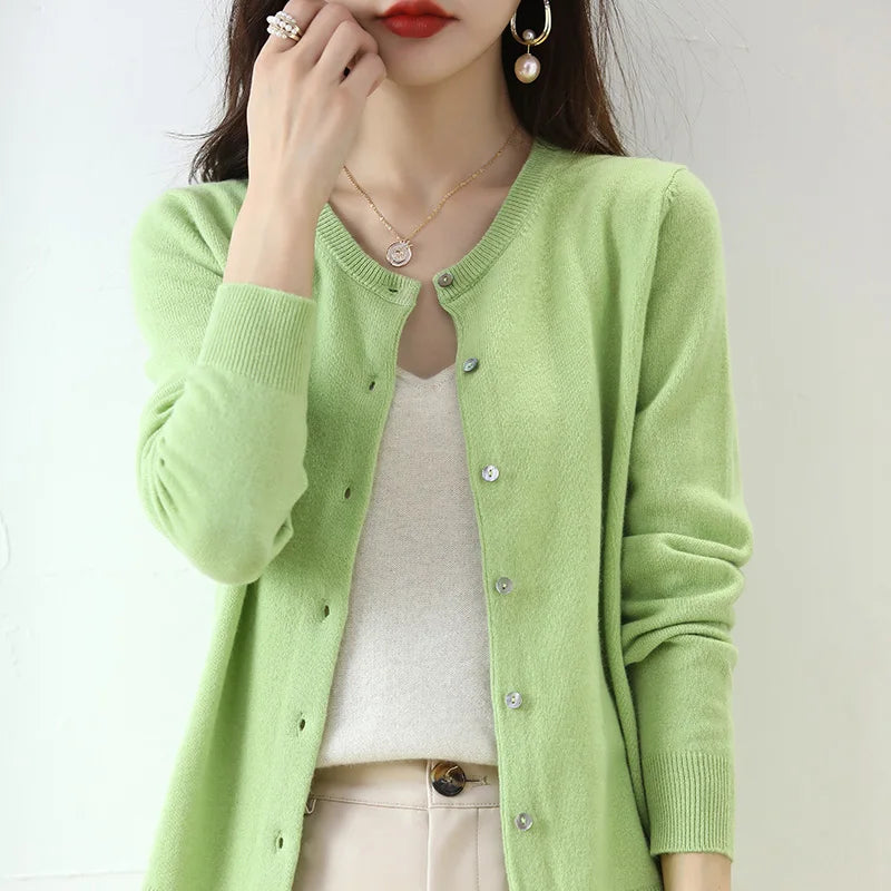 Knitted Cardigan Women's Sweater Autumn And Winter 2022 New Solid Color Coat Round Neck Short Long Sleeve Loose Korean Fashion Fruit green CHINA