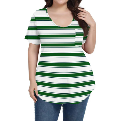Plus Size Casual striped T-shirt For Women V neck short sleeves Loose Tops With Pocket Summer Daily Casual Plus Size Women's Top