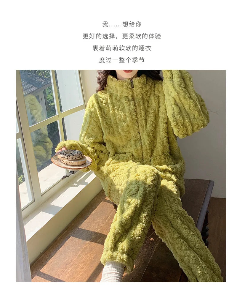Large Size Flannel Pajamas Set Autumn Winter Female Sleepwear Trouser Suit Thicken Coral Fleece High Collar Lounge Wear Homewear