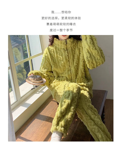 Large Size Flannel Pajamas Set Autumn Winter Female Sleepwear Trouser Suit Thicken Coral Fleece High Collar Lounge Wear Homewear