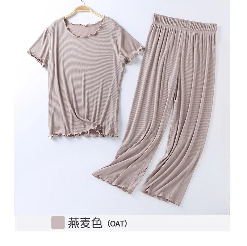 Japanese summer new ladies cotton modal short-sleeved nine-point pants suit home service suit women's large size home pajamas Oatmeal color