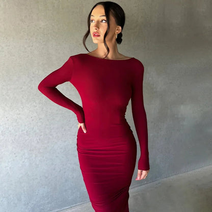 Women Sexy Elegant Long Dress Long Sleeve Backless Bodycon Slit Dress Autumn Evening Party Dresses Female Badiee Stylez