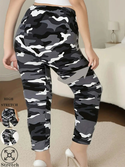 CUHAKCI Plus Size High Stretch Women's Leggings Camouflage White Gray Pants Sports casual tight fit Sports Cropped Pants grey