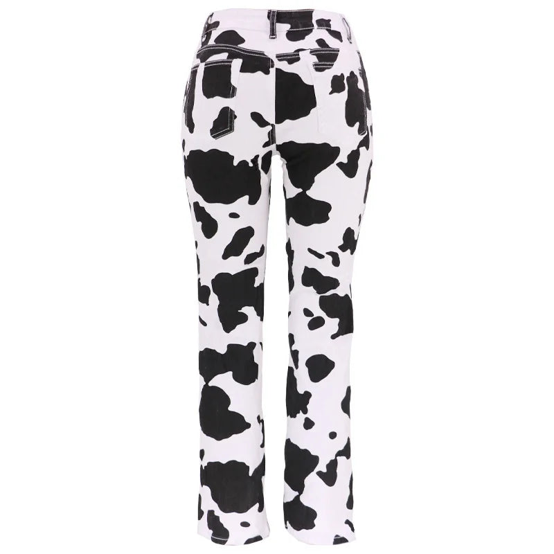 Cow Print High Waist Straight Jeans Women New Comfortable Casual Denim Pants Female Four Seasons Trousers 2024 Trend Streetwear