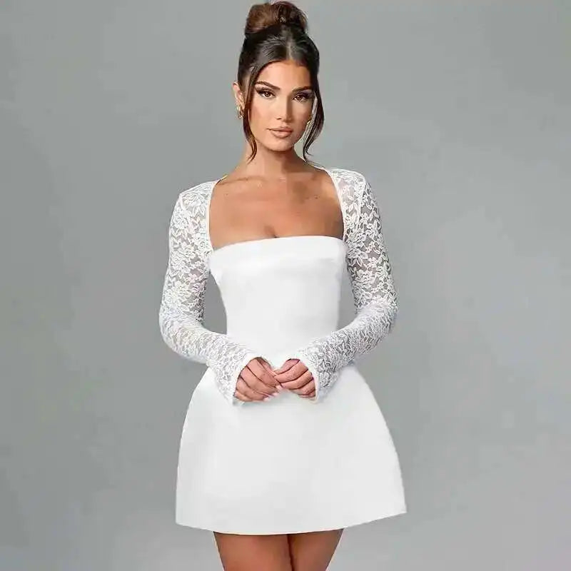 Townlike Lace Patchwork Waist Wrap A-line Dress Women Mini 2024 Autumn Winter Dress Backless Nightclub Sexy Party Dresses
