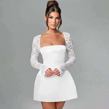 Townlike Lace Patchwork Waist Wrap A-line Dress Women Mini 2024 Autumn Winter Dress Backless Nightclub Sexy Party Dresses
